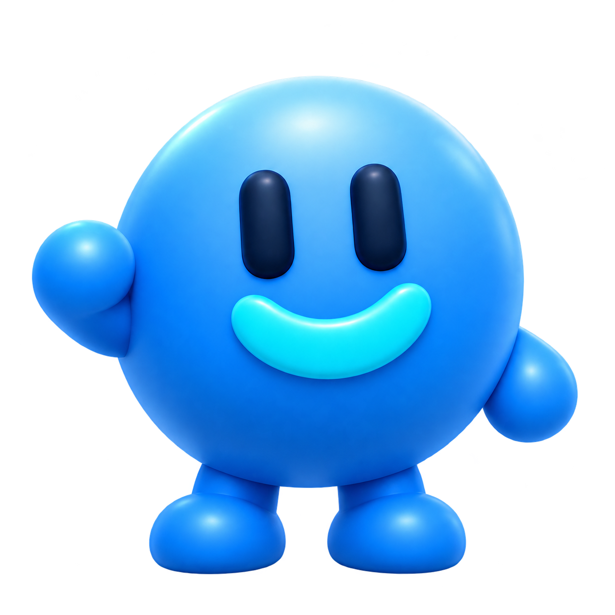 WerkBudi’s smiling blue character, with oval eyes and a little wave.